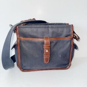 Fossil Vintage Y2K Crossbody Bag Charcoal Gray Canvas & Brown Leather Handbag